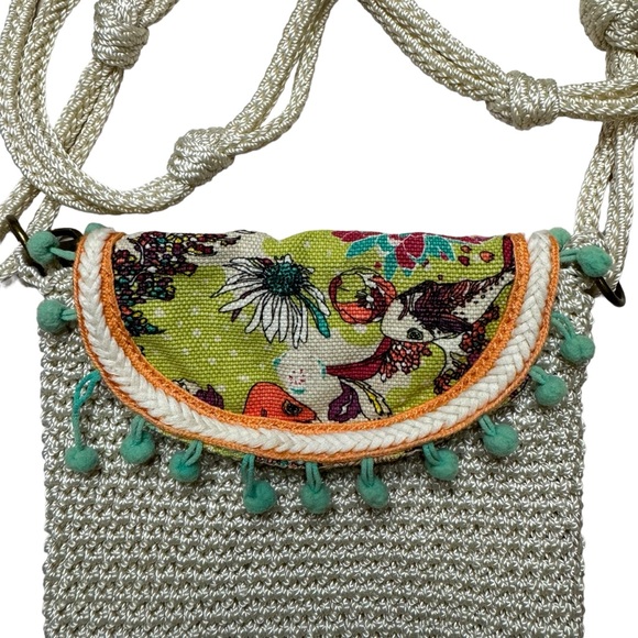 Sakroots Beige Women's Crochet Peace Crossbody Purse Bag Pom Pom Flap - Picture 3 of 8